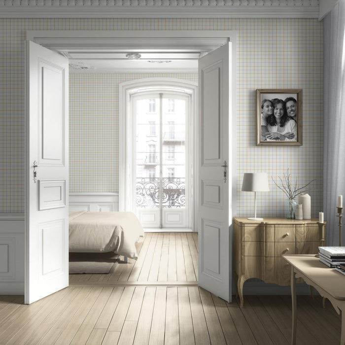 Windowpane Checkered/ Plaid Living Room Wallpaper (Mustard Yellow/ White/ Taupe)