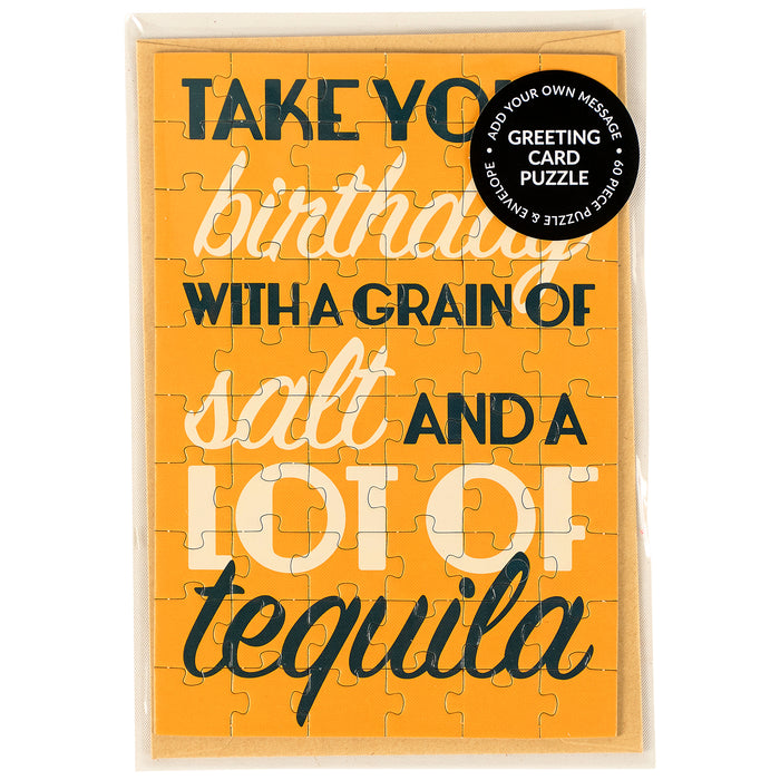 Jigsaw puzzle card with humorous tequila-themed text on a yellow background