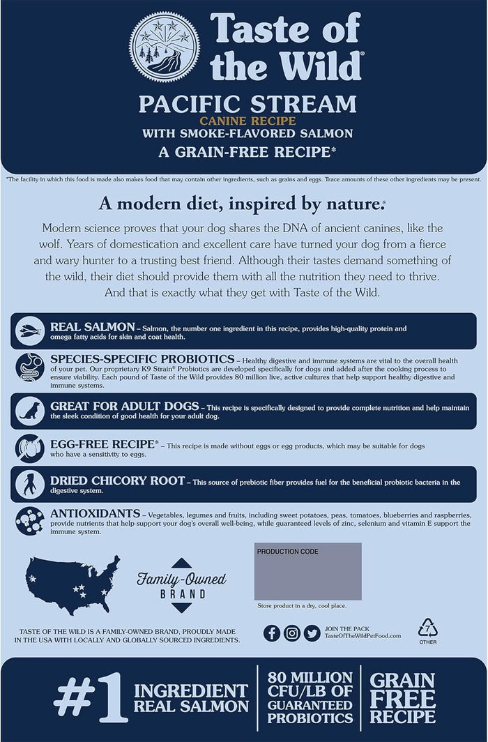 Taste of the Wild Pacific Stream Salmon Dry Dog Food 27/15 Grain-Free 30lbs.