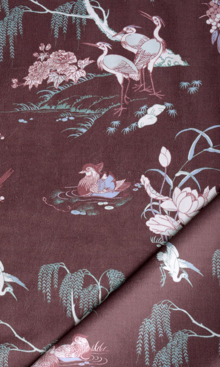 Chinoiserie Toile Velvet Pinch Pleat, Rod Pocket, Eyelet Curtains (Burgundy Red)