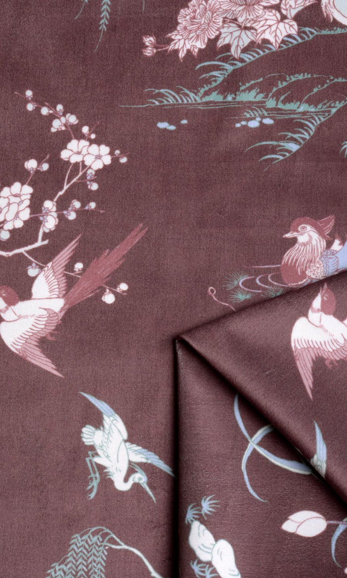 Chinoiserie Toile Velvet Drapes (Burgundy Red) Extra Long Short Wide