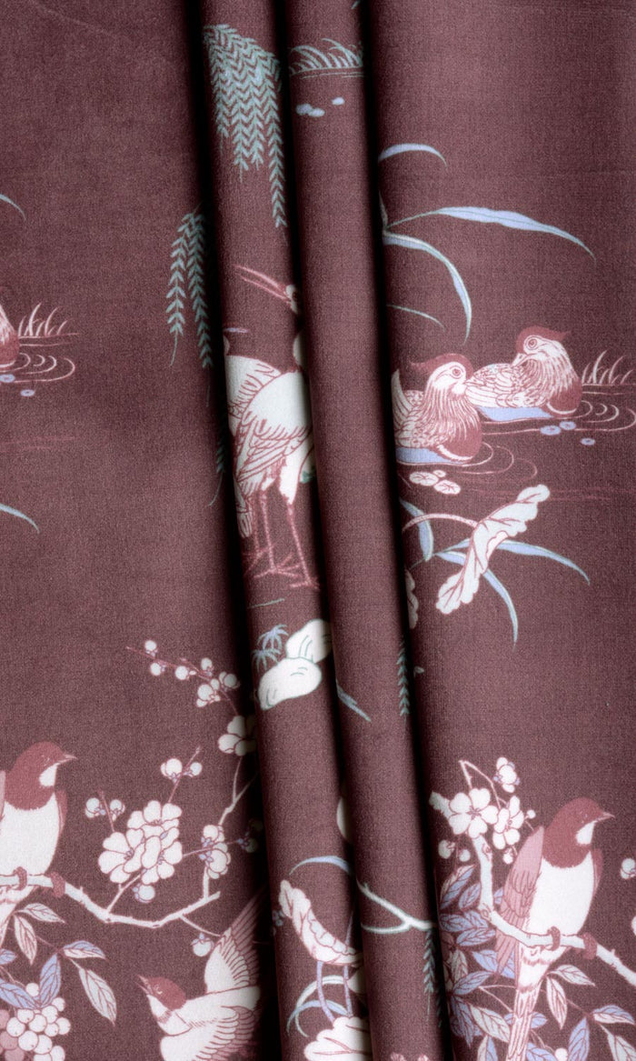 Chinoiserie Toile Velvet Curtains / Drapes / Window Drapery Panels (Burgundy Red)