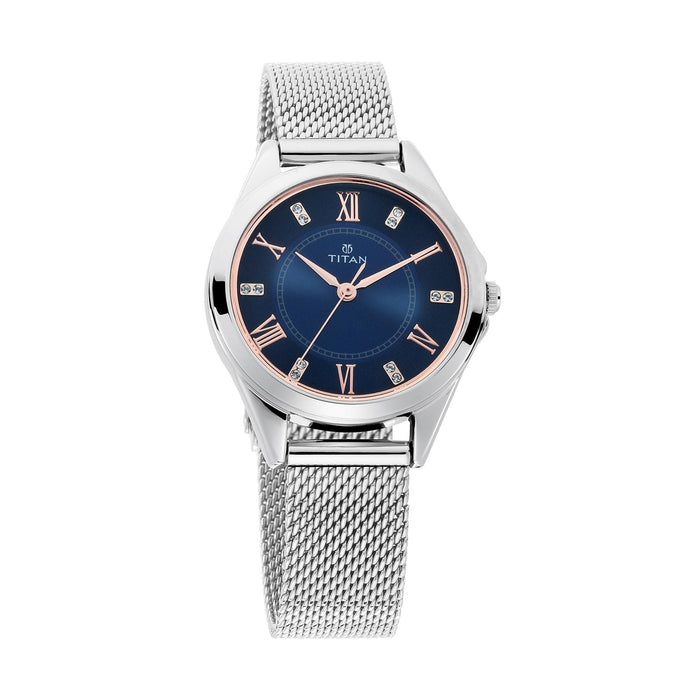 Titan 2565SM02 Stainless Steel Round Analog Casual Watch for Women - Silver, Blue, bracelet