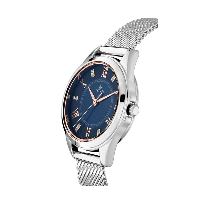 Titan 2565SM02 Stainless Steel Round Analog Casual Watch for Women - Silver, Blue, bracelet