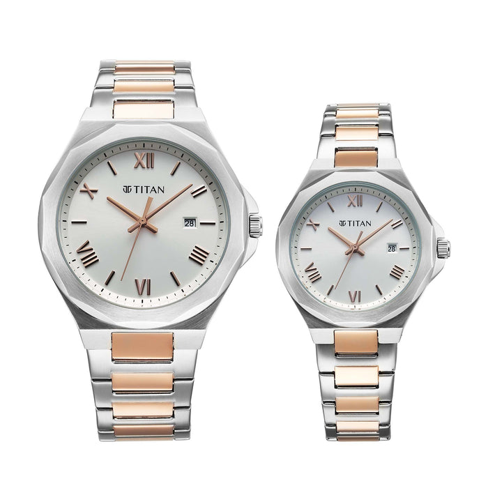 Titan Bandhan Quartz Analog with Date Silver Dial Two Toned Stainless Steel Strap Watch For Couple 9401094210KM01