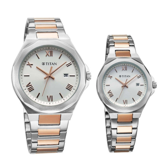 Titan Bandhan Quartz Analog with Date Silver Dial Two Toned Stainless Steel Strap Watch For Couple 9401094210KM01