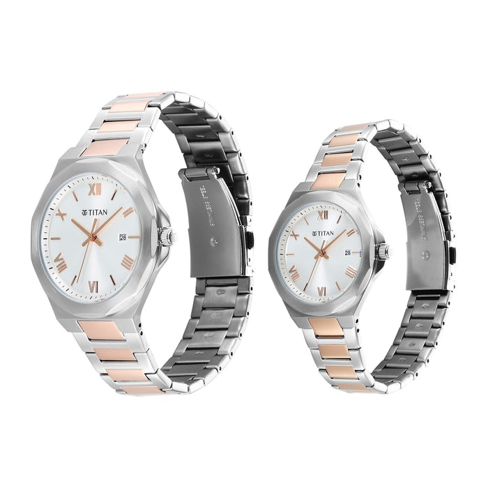 Titan Bandhan Quartz Analog with Date Silver Dial Two Toned Stainless Steel Strap Watch For Couple 9401094210KM01