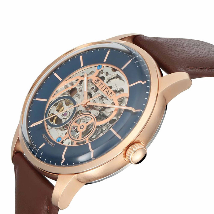 Titan Blue Dial Automatic Watch with Leather Strap 90110WL01
