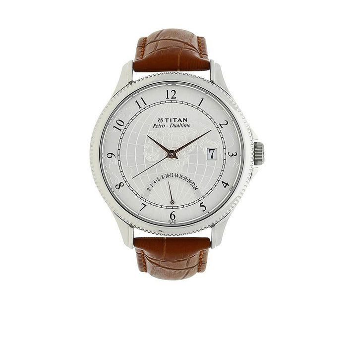 Titan Globe Trotter Silver Dial Analog Dual Time Watch for Men 1704SL01