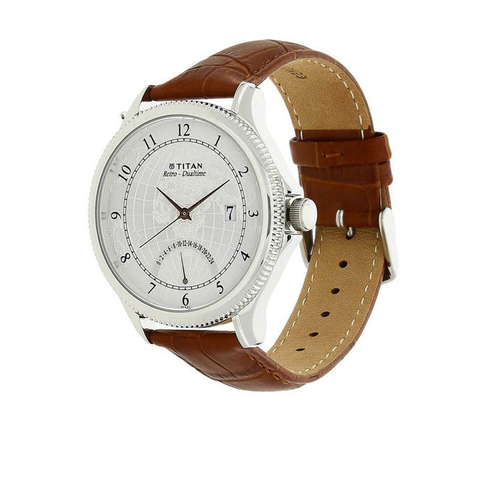 Titan Globe Trotter Silver Dial Analog Dual Time Watch for Men 1704SL01