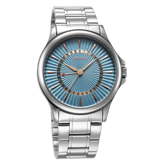 Titan Karishma Quartz Analog with Date Blue Dial Stainless Steel Strap Watch For Men 10038SM01