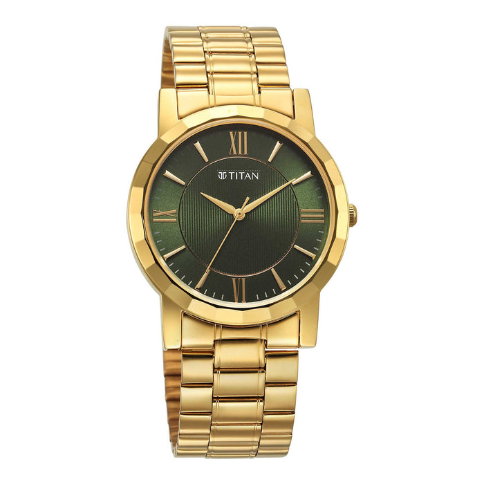 Titan Karishma Zing Quartz Analog Green Dial Golden Stainless Steel Strap Watch For Men 1644YM05