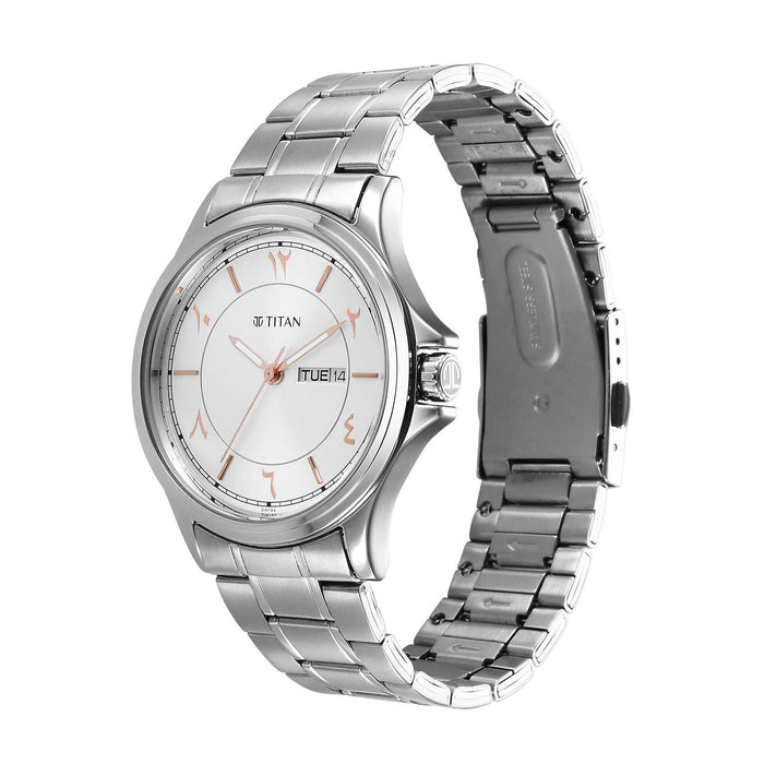 Titan Marhaba Silver White Dial Analog Stainless Steel Strap watch for Men
 1870SM05