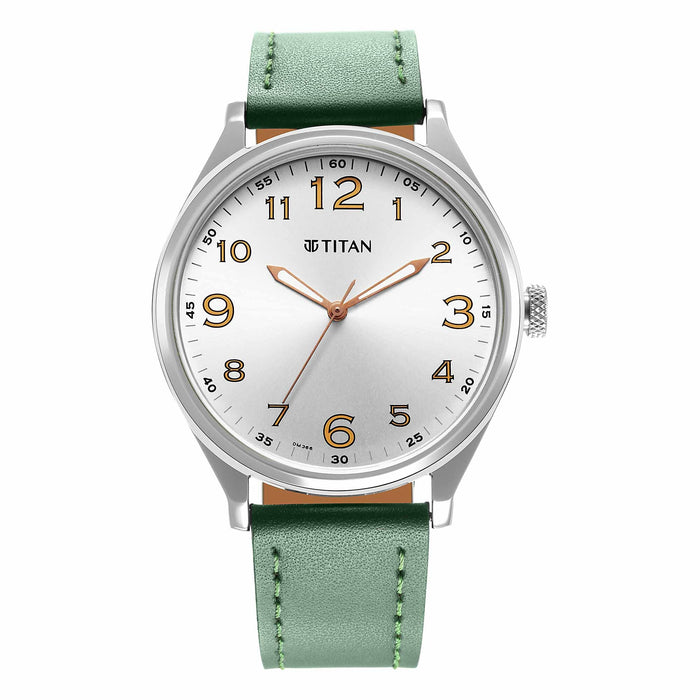 Titan Mens Silver White Dial Leather Strap Watch