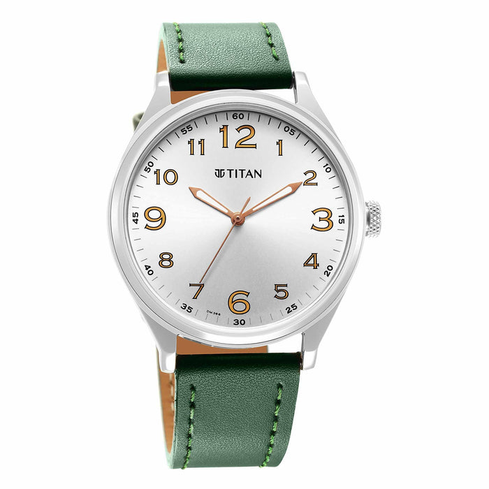 Titan Mens Silver White Dial Leather Strap Watch