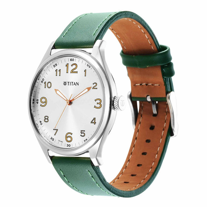 Titan Mens Silver White Dial Leather Strap Watch