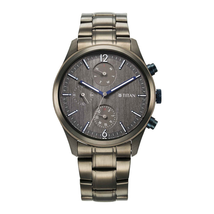 Titan Neo Splash Quartz Multifunction Anthracite Dial Stainless Steel Strap Watch for Men 1805KM07