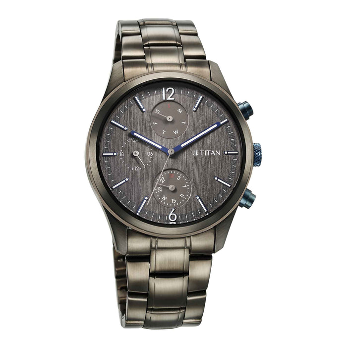 Titan Neo Splash Quartz Multifunction Anthracite Dial Stainless Steel Strap Watch for Men 1805KM07