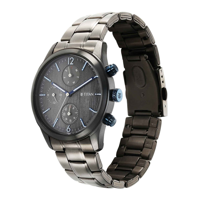Titan Neo Splash Quartz Multifunction Anthracite Dial Stainless Steel Strap Watch for Men 1805KM07