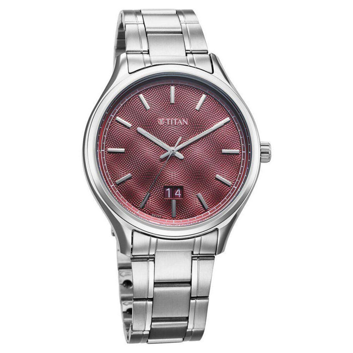 Titan Palette Of Time Quartz Analog with Date Maroon Dial Stainless Steel Strap Watch For Men
