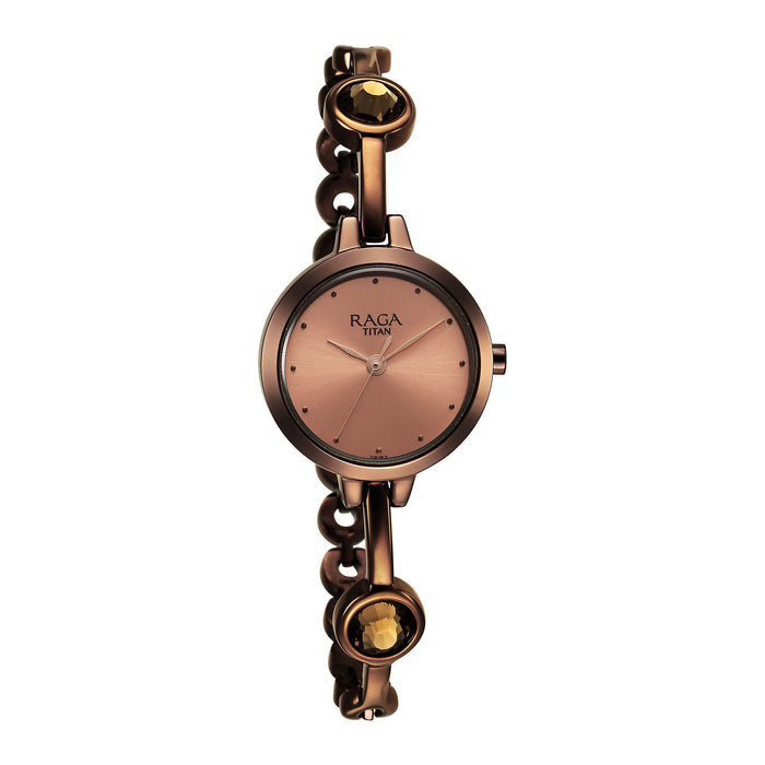 Titan Raga Viva Quartz Analog Rose Gold Dial Brown Metal Strap Watch for Women 2576QM01