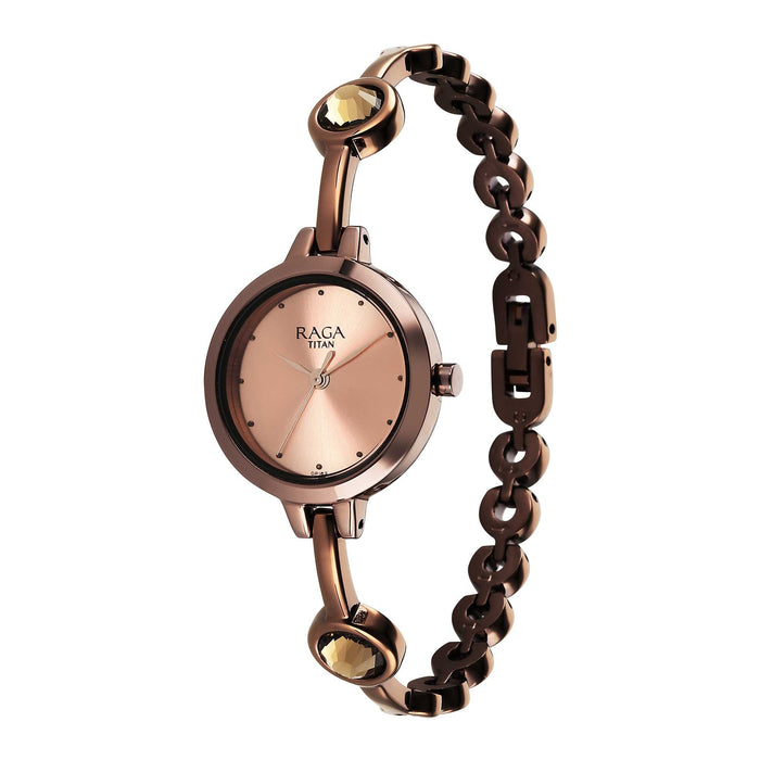 Titan Raga Viva Quartz Analog Rose Gold Dial Brown Metal Strap Watch for Women 2576QM01