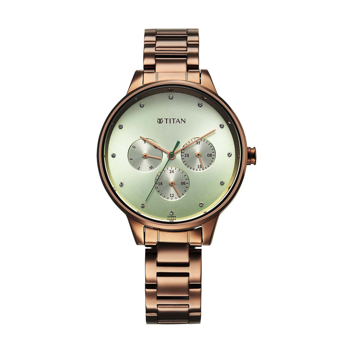 Titan Razzle Dazzle Quartz Analog with Day and Date Green Dial Brown Stainless Steel Strap Watch For Women 2648QM03