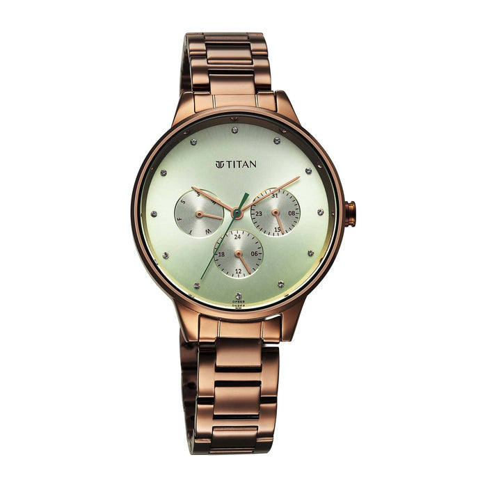 Titan Razzle Dazzle Quartz Analog with Day and Date Green Dial Brown Stainless Steel Strap Watch For Women 2648QM03