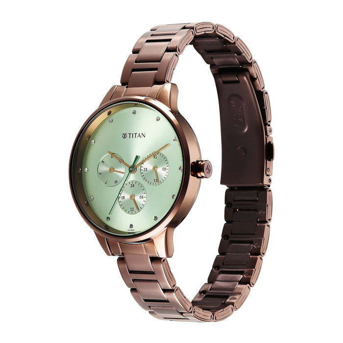 Titan Razzle Dazzle Quartz Analog with Day and Date Green Dial Brown Stainless Steel Strap Watch For Women 2648QM03