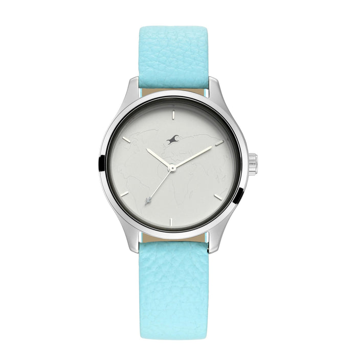 Titan Tripster Pebbled Leather Band Map Detail Dial Analog Watch for Women - Turquoise and Silver, strap