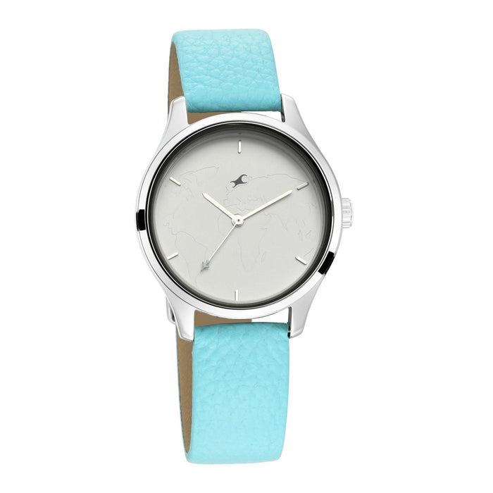 Titan Tripster Pebbled Leather Band Map Detail Dial Analog Watch for Women - Turquoise and Silver, strap