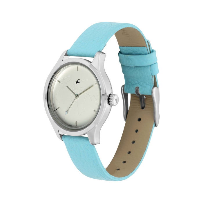 Titan Tripster Pebbled Leather Band Map Detail Dial Analog Watch for Women - Turquoise and Silver, strap