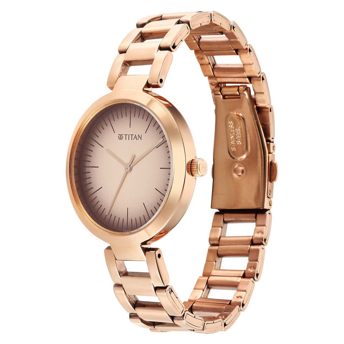 Titan Workwear Quartz Analog Beige Dial Rose Gold Stainless Steel Strap Watch for Women 2480WM06