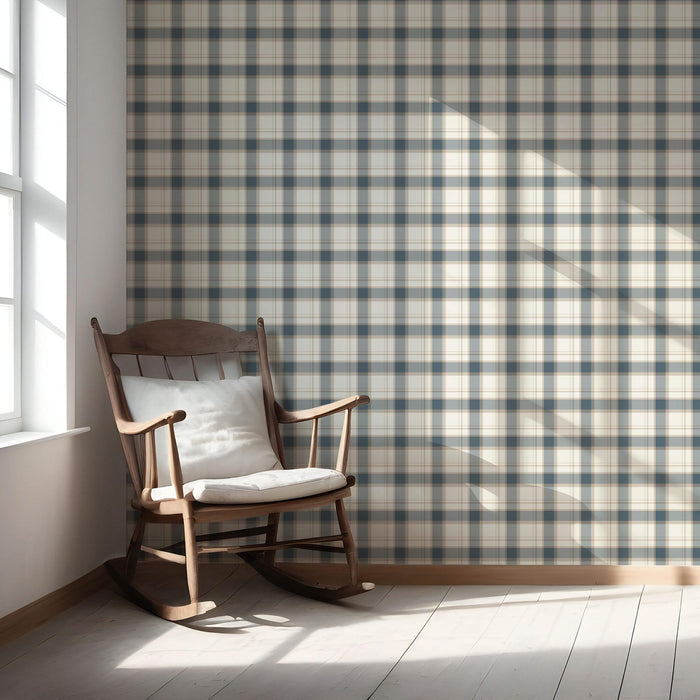 Neutral Geometric Plaid Checkered Nursery Wallpaper (Teal Blue/ Off-White/ Beige)