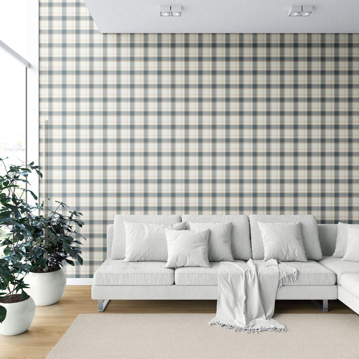 Neutral Geometric Plaid Checkered Shower Toilet Wallpaper (Teal Blue/ Off-White/ Beige)