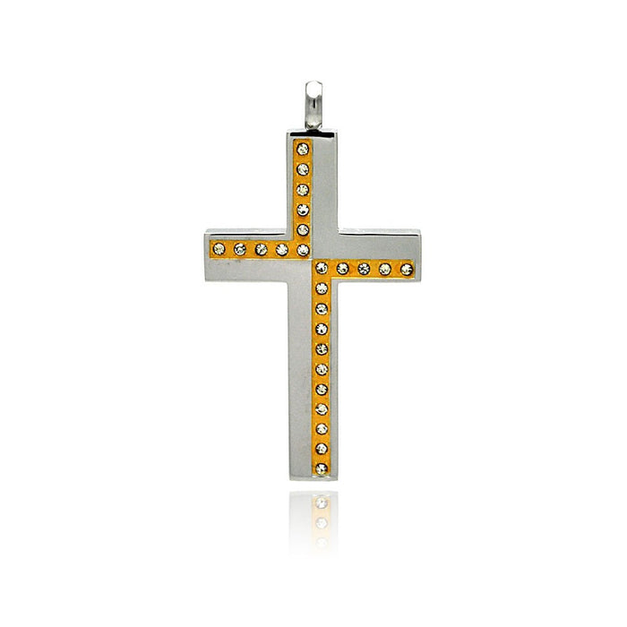 Two Tone Gold & Rhodium Plated Stainless Steel Multi CZ Cross Pendant - SSP00228