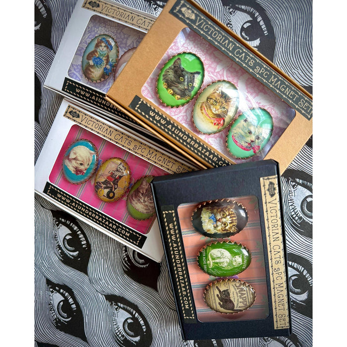 Victorian Cats 3-Piece Handmade Glass Magnets | 8 Styles