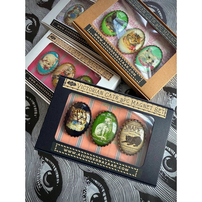Victorian Cats 3-Piece Handmade Glass Magnets | 8 Styles