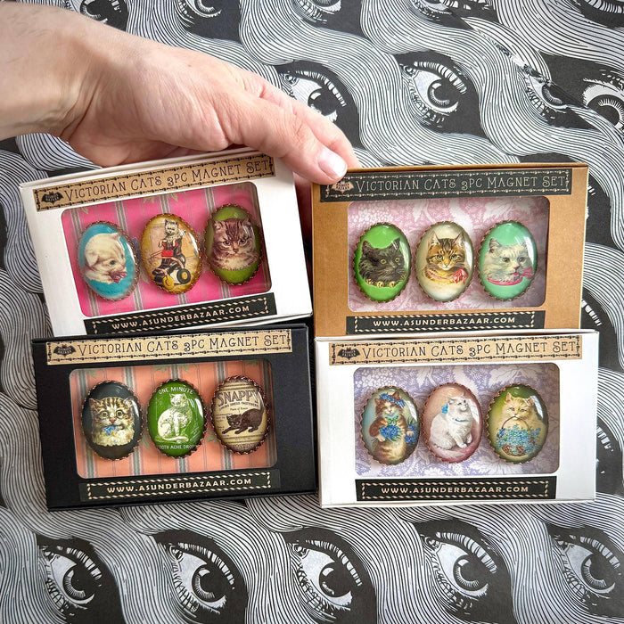 Victorian Cats 3-Piece Handmade Glass Magnets | 8 Styles