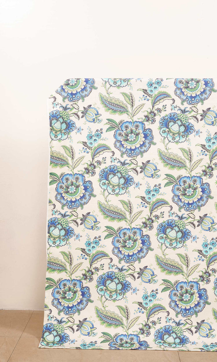 Floral Cotton Window Treatments Fabric By the Metre (Turquoise/ Ultramarine Blue)