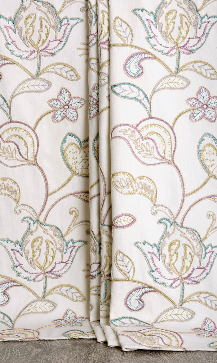 Vine Embroidered Pinch Pleat, Rod Pocket, Eyelet Curtains (White/ Green/ Pink)