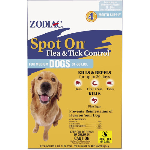 Zodiac Spot On Flea & Tick Control for Dogs 31-60 lbs 4 Month Supply