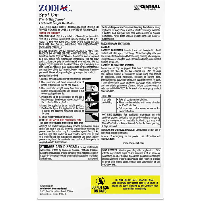 Zodiac Spot On Flea & Tick Control for Small Dogs 16-30lbs 4ct Zodiac