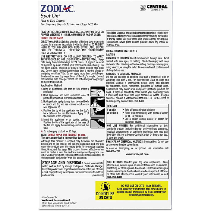 Zodiac Spot On Flea & Tick Control for Small Dogs 7-15lbs 4ct Zodiac