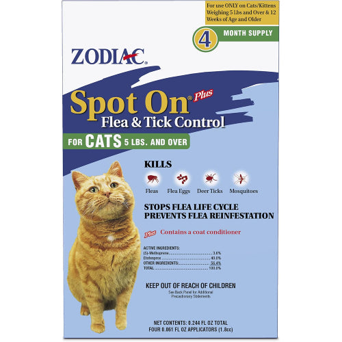 Zodiac Spot On Plus Flea & Tick Control for Cats 5lbs and Over 4 Month Supply