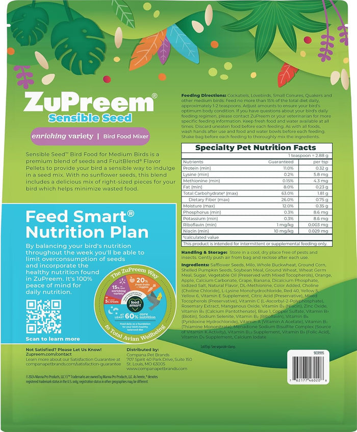ZuPreem Sensible Seed Cockatiel Lovebird Food Seed Pellet Blend Medium Birds 2lbs.