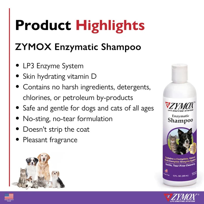 Zymox LP3 Enzyme Pet Shampoo w/ Vitamin D3 12oz Soothes Itchy Dogs & Cats