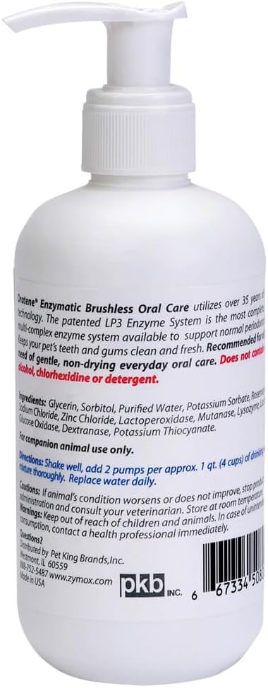 Zymox Oratene Enzymatic Brushless Oral Care Water Additive Animal Use Only 8 oz.