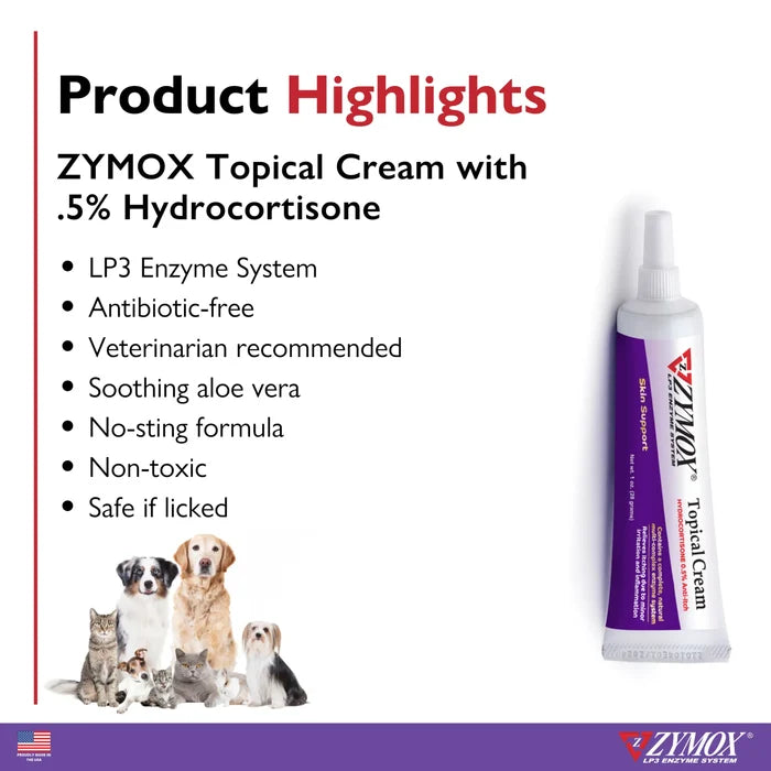 Zymox Topical Cream 0.5% Hydrocortisone LP3 Enzyme Itch Relief for Pets