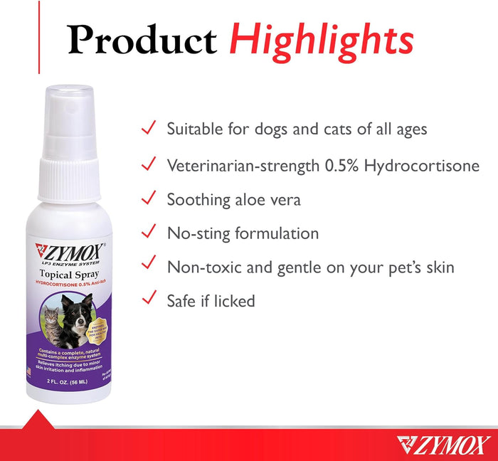 Zymox Topical Spray 0.5% Hydrocortisone Dogs Cats Wounds Itching 2 oz.